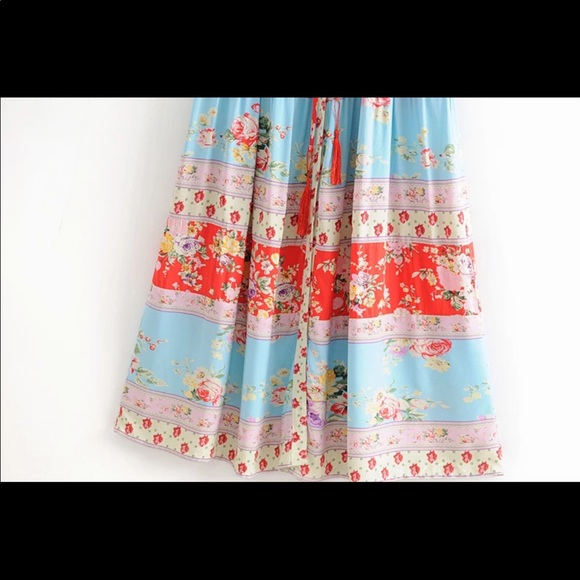 Blue V Neck Boho Floral Gypsy Print Maxi Dress - Picture 13 of 16